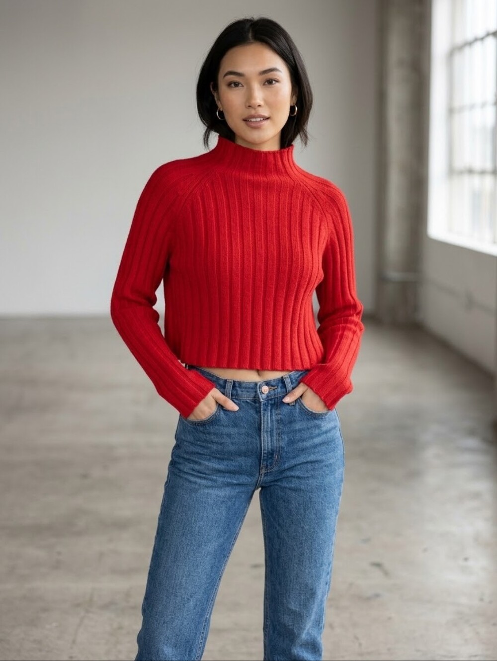 American Eagle Outfitters Red Ribbed Cowl/Turtleneck Cropped Sweater Cozy XL NWT